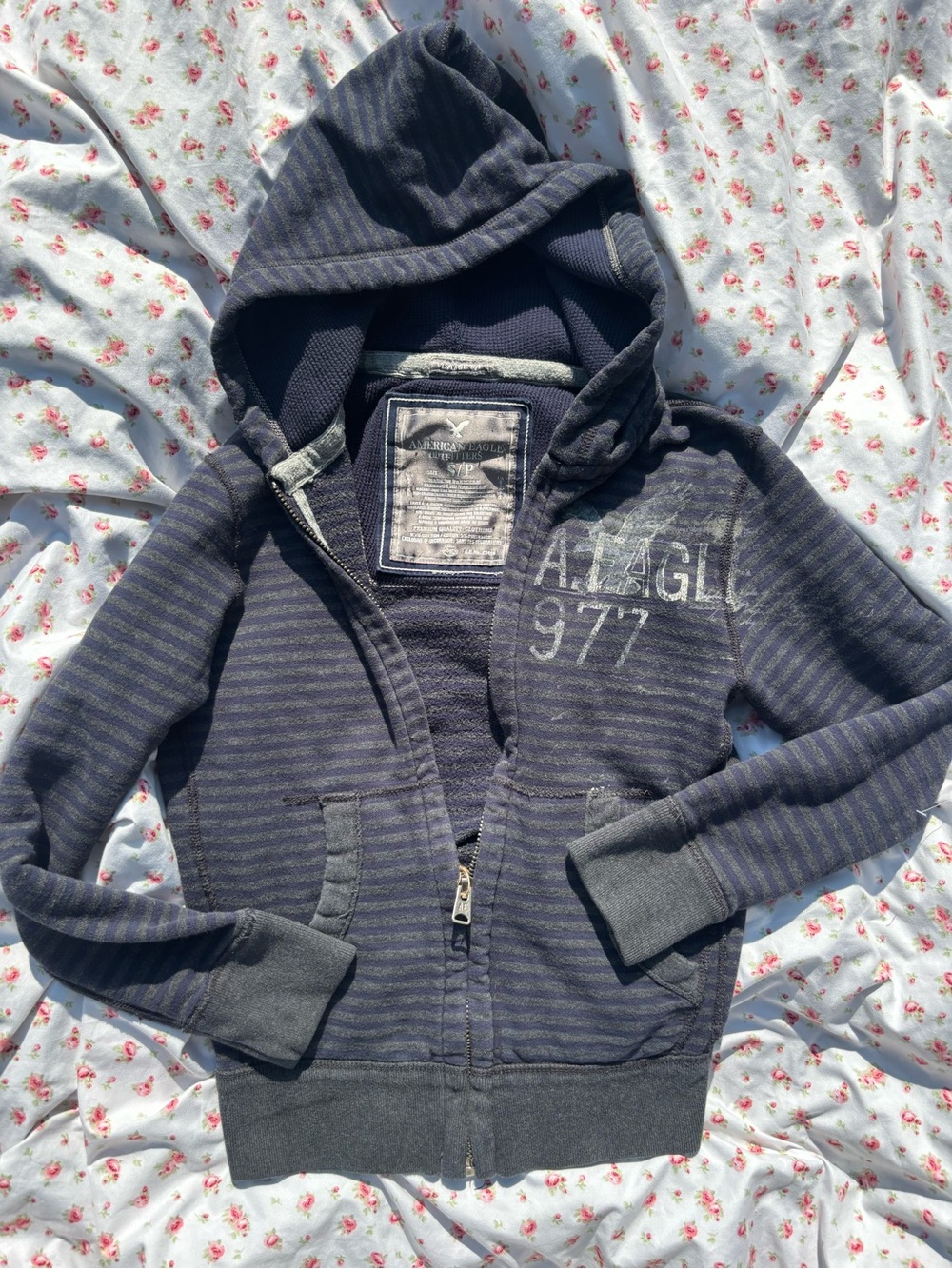 American Eagle Outfitters Navy and Gray Striped Kids Zip Hoodie